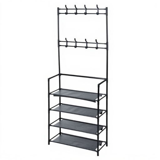 Hall Tree with 4 Shelves and 8 Hooks, black