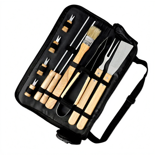 Huacan 11pcs Outdoor Camping Barbecue Tool Combination Wooden Handle Fork Shovel Clip With Cloth Bag BBQ Tools