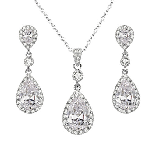 A silver-plated necklace and earring set with cubic zirconia infinity and teardrop design