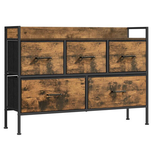 A wide, 5-drawer fabric dresser with a rustic brown wood-effect top and black metal frame, featuring three small top drawers and two large bottom drawers.