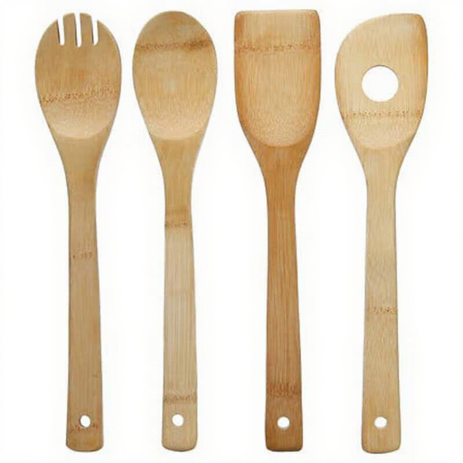 5five - Set of 4 - Bamboo Cutlery Tableware Set: Spoon, Fork, 2 Spatulas with Cut-Outs