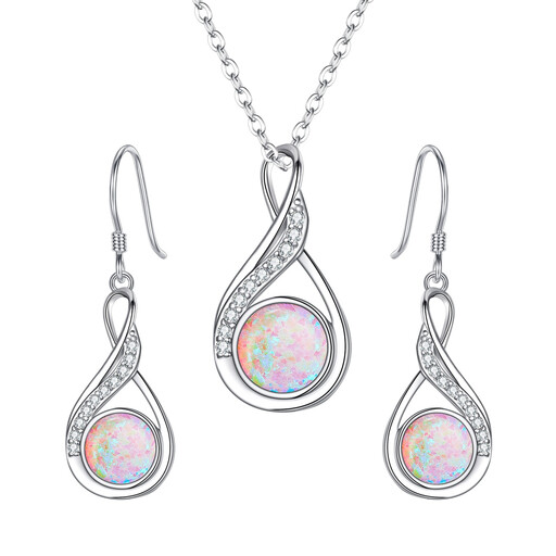 Ever Faith Cubic Zirconia Simulated Opal Necklace Earrings Set in Pink