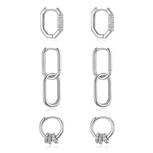 Ever Faith 3Pair Hoop Earrings Set Cubic Zircon Chain Huggie Earring