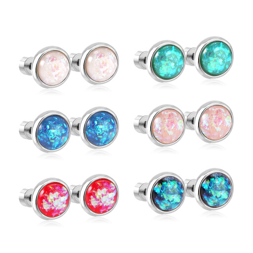 Colourful Crushed Stone Inlay Round Stud Earrings, Surgical Steel Screw Back Piercing Set