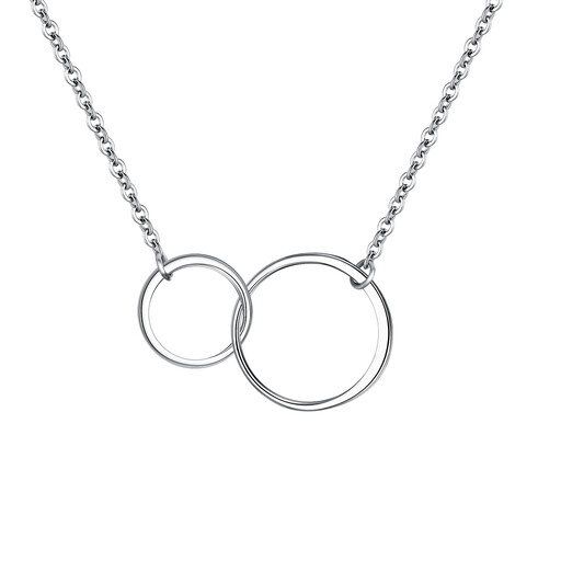 A silver-plated necklace with two interlocking circles