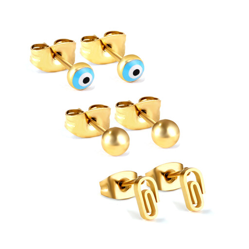 3 Pairs Mismatched Gold Stud Earrings Set with Evil Eye, Ball, and U-Shape designs