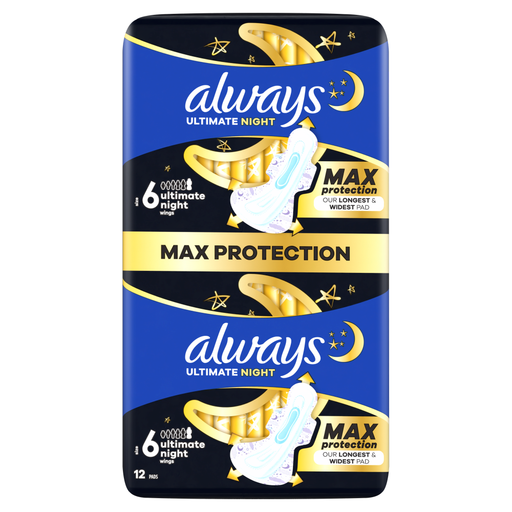 Always Ultra Sanitary Towels Secure Ultimate Night Size 6 With Wings 12 Pads