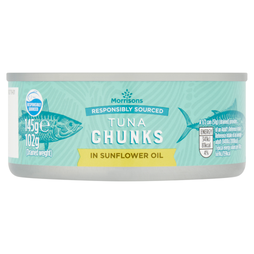 Morrisons Fad Free tuna chunks in sunflower oil, 145g tin