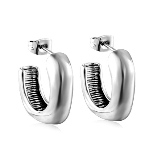 A pair of square-shaped, open C-hoop earrings in a polished silver tone.