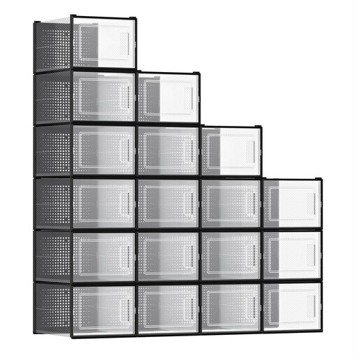 A stack of 18 transparent and black plastic shoe boxes, neatly arranged.