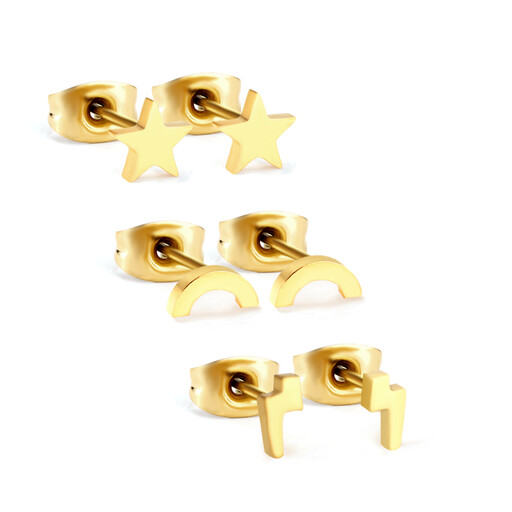 3 Pairs Mismatched Stud Earrings Set in gold
