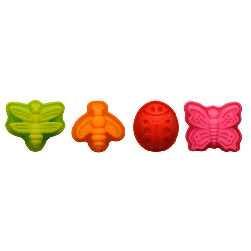A set of four colourful silicone moulds in the shapes of a butterfly, ladybug, dragonfly, and bee.