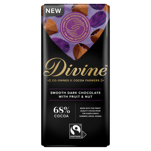 Divine Chocolate 68% Dark Choc Fruit and Nut 90g