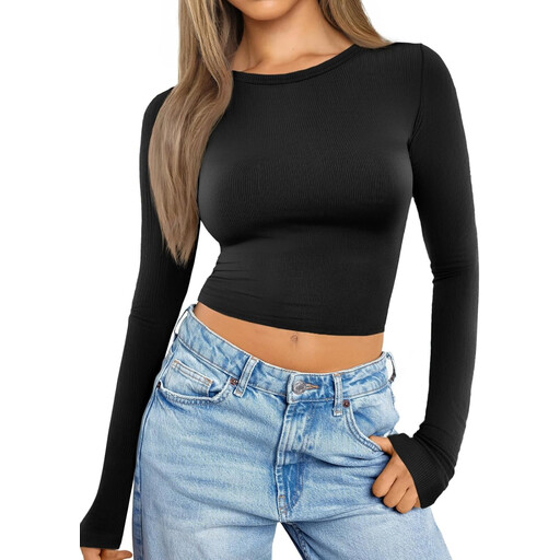 Women Crop Tops Long Sleeve Ribbed Slim fit Workout Cropped Tee