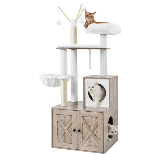 A modern, greige-coloured cat tower that includes an enclosed cabinet at the base for a litter box.