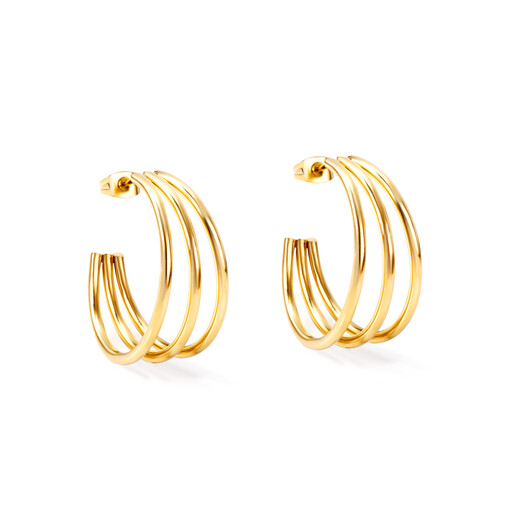 14K Gold Plated Stainless Steel Triple Line C-Shape Hoop Earrings