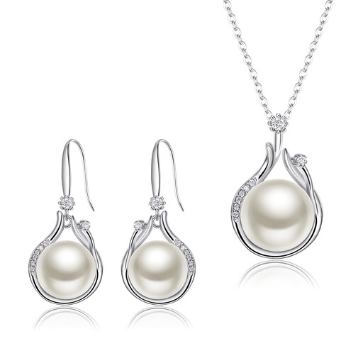 Ever Faith Cubic Zirconia and Freshwater Pearl Curved Pendant Necklace with Dangle Hook Earrings Set