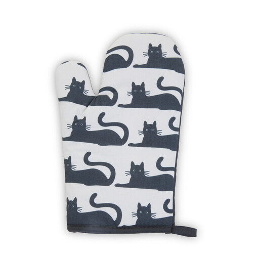 A single oven glove with a black and white cat pattern