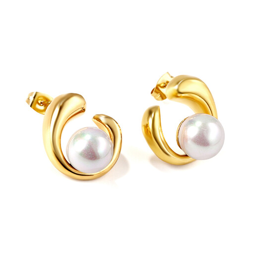 Gold Tone Swirl Open Hoop Earrings with White Pearl