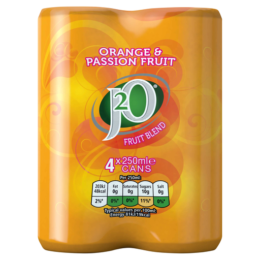 J2O Orange & Passion Fruit Blend Cans 4 X 250ml