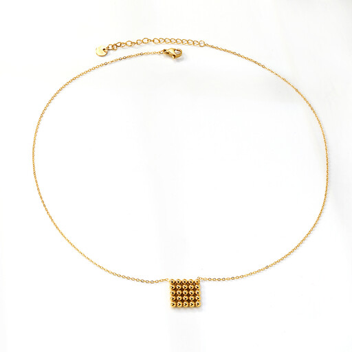 18K PVD Gold Stainless Steel Beaded Square Pendant Necklace