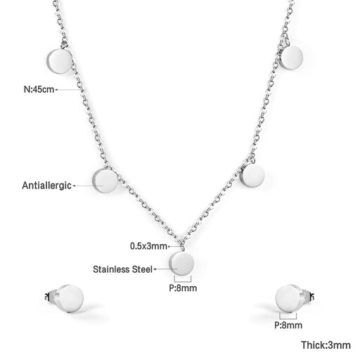 Polished Stainless Steel Round Pendant Necklace and Earrings