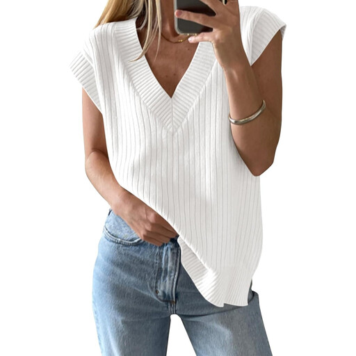 Women's V Neck Sweater Oversized Vest in white