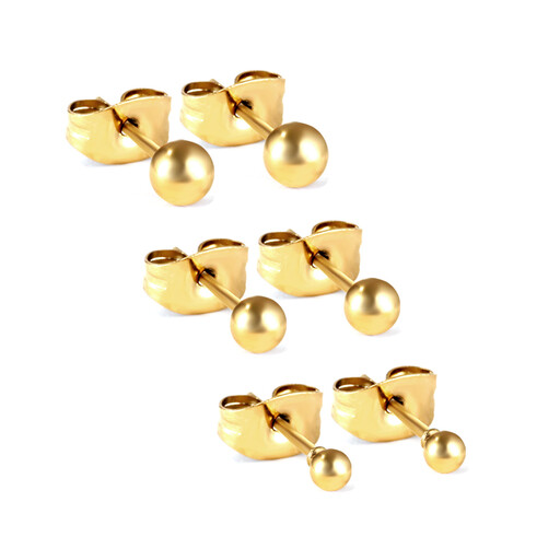 3 Pairs Gold Ball Stud Earrings Set in graduated sizes