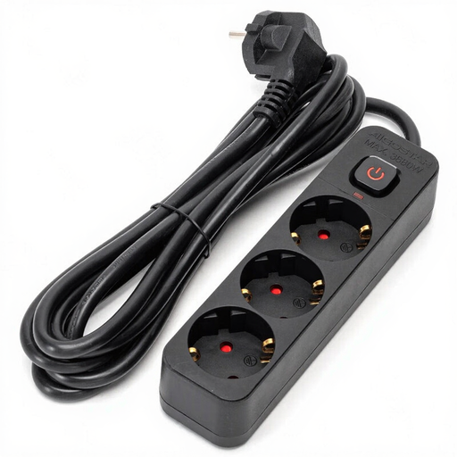 Aigostar Power strip with cord/German 3-way/3G1.5mm2/3m/With square switch/Rectangular/Black/PP/Lines