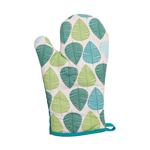 A single oven glove with a green leaf pattern