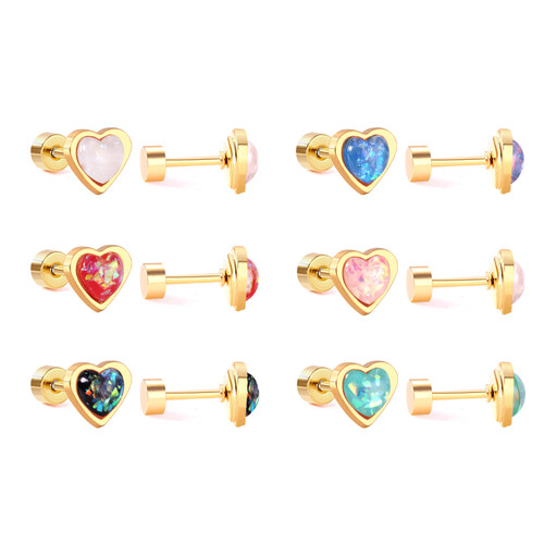 18K Gold PVD Heart Stud Earrings with Colourful Stone Inlay