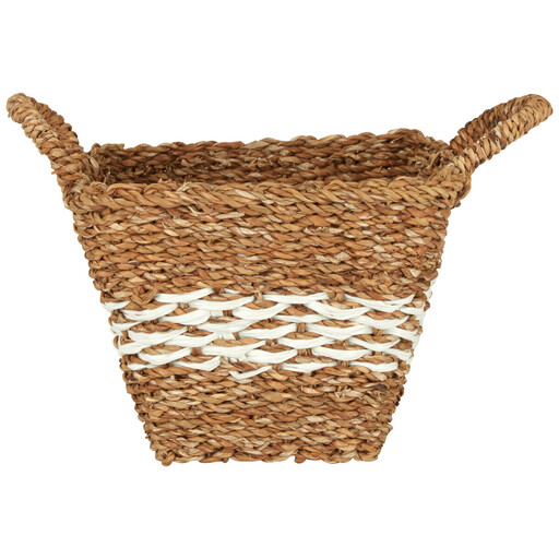 A large, tapered seagrass basket with a lid and integrated cut-out handles.