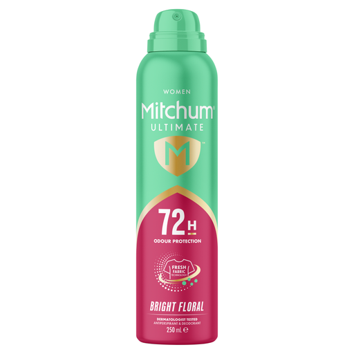 A 250ml can of Mitchum Women Ultimate Bright Floral Antiperspirant & Deodorant.