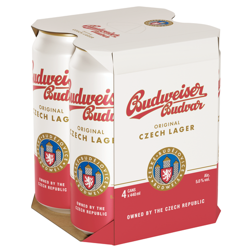 Budweiser Budvar Original Czech Lager Beer, 4-Can Pack (440mL per can)