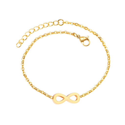 A gold-plated infinity charm bracelet on a white background