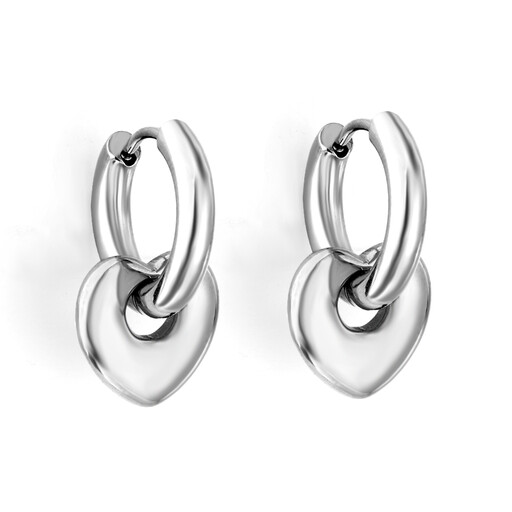 A pair of small silver huggie hoops with interlocking heart charms