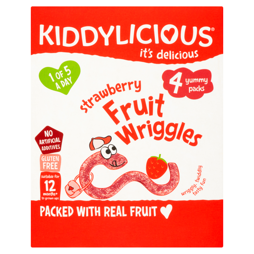 Kiddylicious Strawberry Fruit Wriggles 12+ Months, 4 × 12g