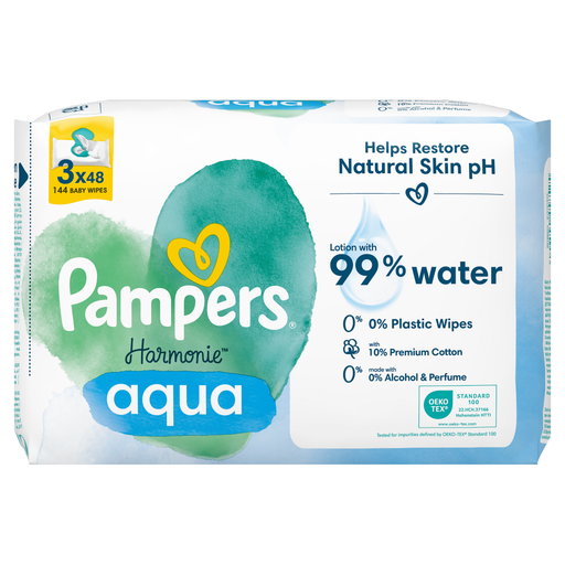 Pampers Harmonie Aqua Baby Wipes Plastic Free 3 x 48 Pack