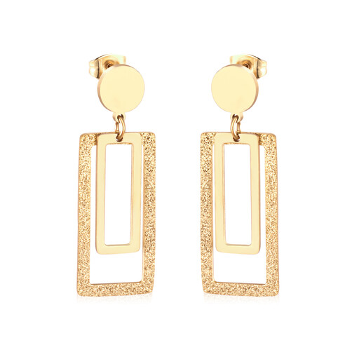 A pair of geometric gold earrings with a frosted matte texture and double rectangular shape
