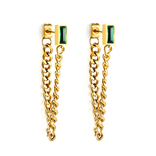 18K Gold Plated Long Chain Drop Earrings with Emerald Green CZ
