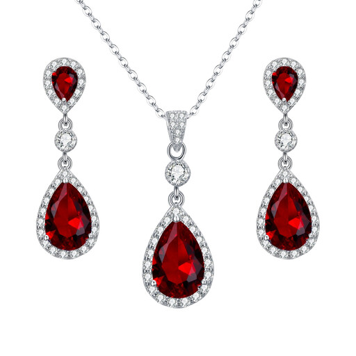 Ever Faith Red Cubic Zirconia Infinity Teardrop Pendant Necklace and Dangle Earrings Set