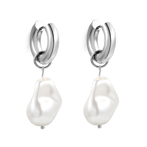 Silver tone stainless steel oval hoop earrings with a dangling baroque pearl