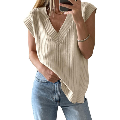 Women's V Neck Sweater Oversized Vest in beige