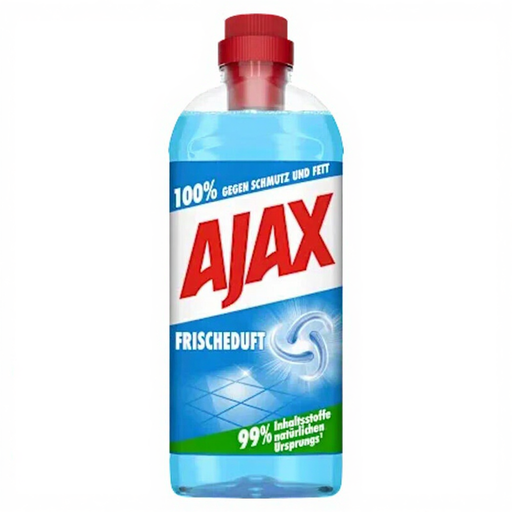 Ajax Allzweckreiniger Frischeduft in einer transparenten Flasche mit blauem Etikett