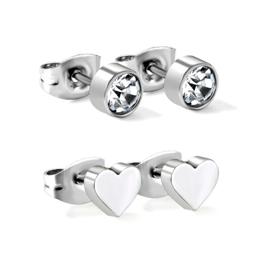 A set of two pairs of silver-tone stainless steel stud earrings, one pair with round cubic zirconia and the other in a polished heart shape.