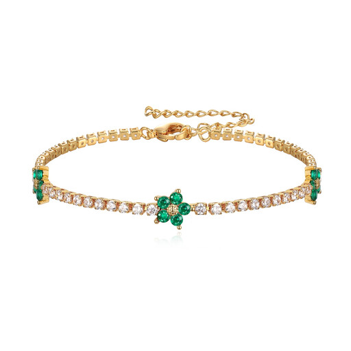 Ever Faith 14K Gold Plated Flower Tennis Bracelet With Green Cubic Zirconia