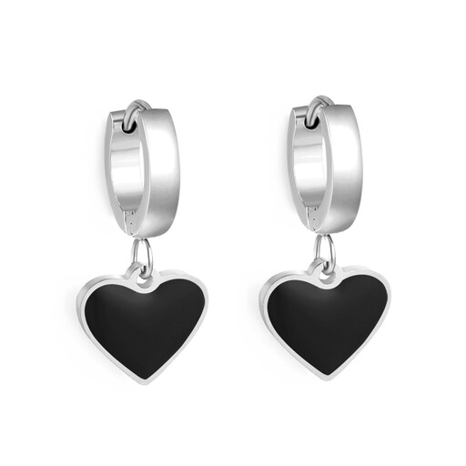 A pair of silver huggie hoops with a black enamel heart charm