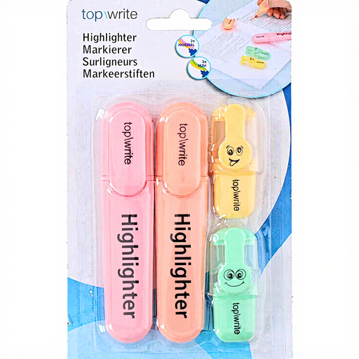 Topwrite 4pcs Highlighter Pens, Pink, Green, Yellow, Orange