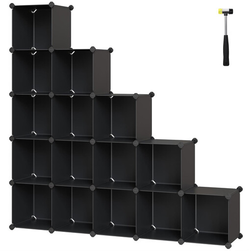 A large, black 16-cube modular storage unit assembled in a square shape.
