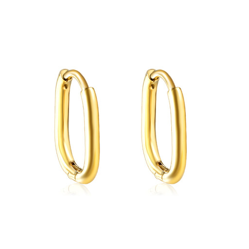A pair of elongated, U-shaped oval gold huggie earrings